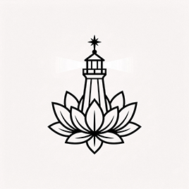 lighthouse rising from lotus petals in clean black linework